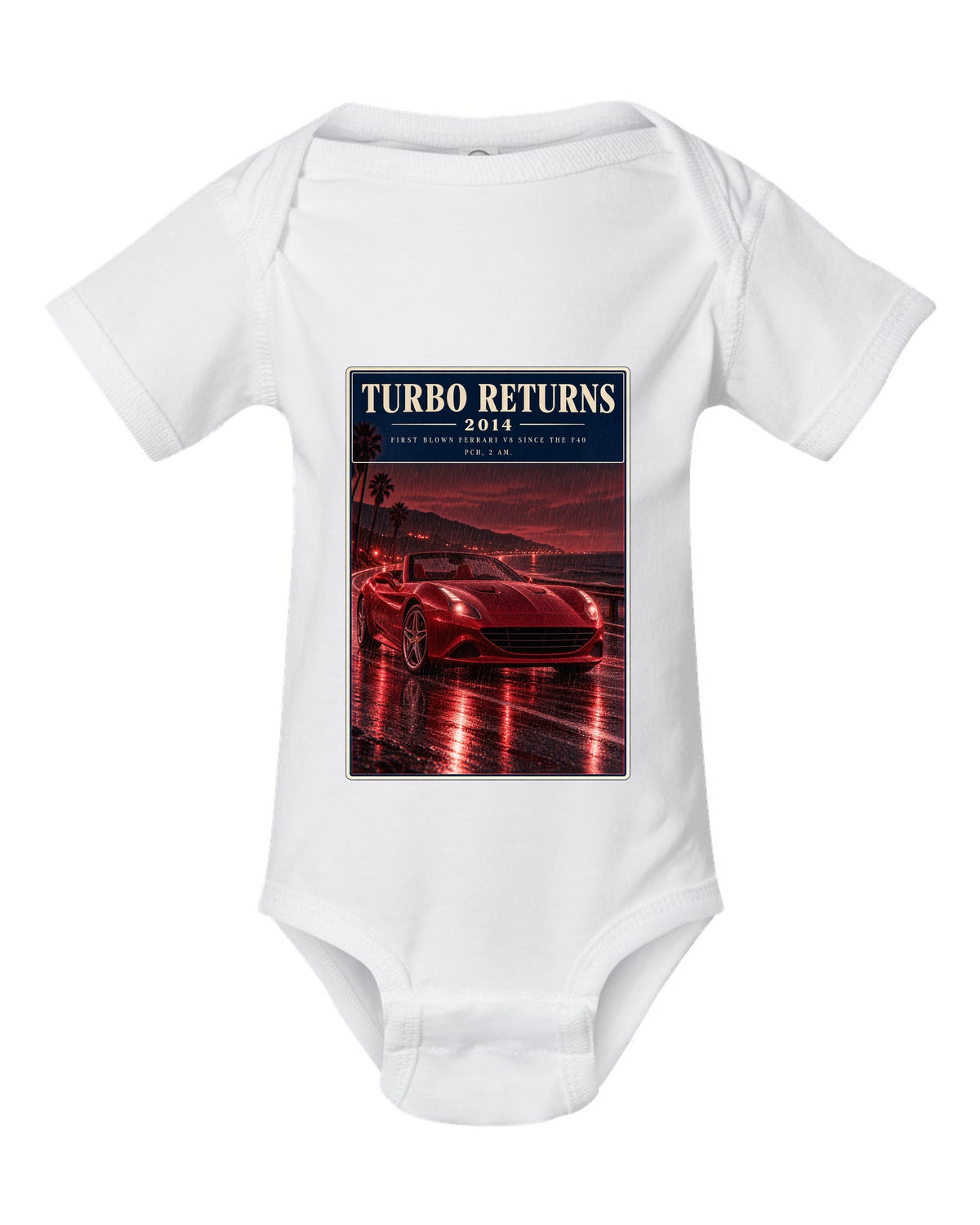 Red monochrome night street print of the Ferrari California T white baby onesie front view with the design