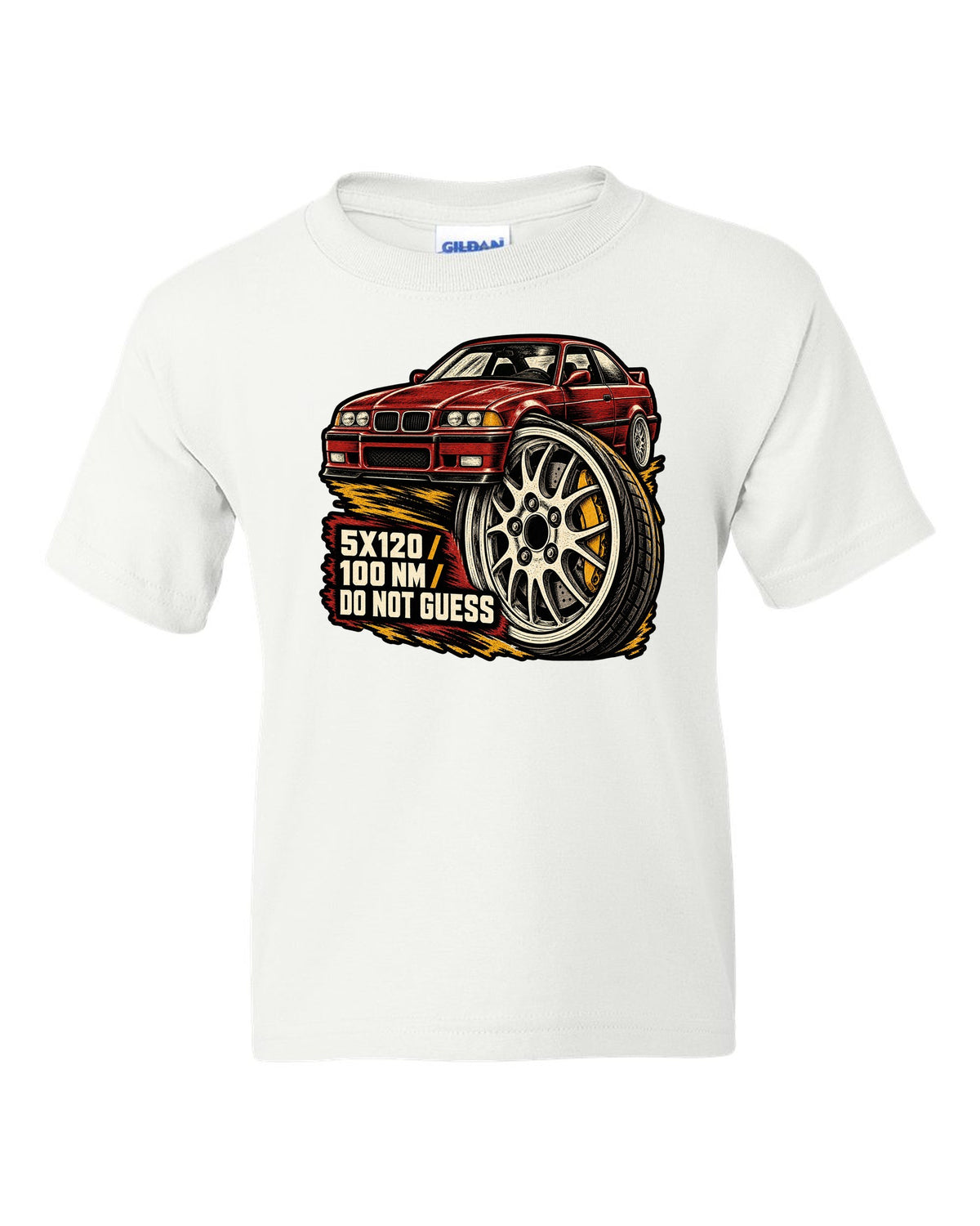 Linocut woodcut lug nut design for a BMW E36 M3 coupe with 5x120 and 100 Nm text white kids tee front view with the design