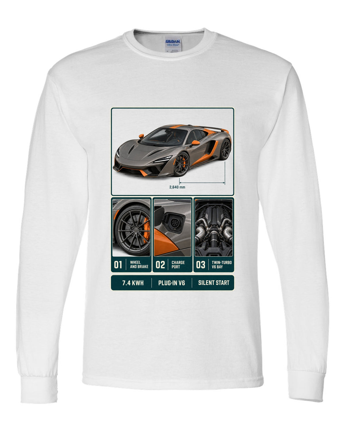 McLaren Artura dossier panel print with 7.4 kWh, plug-in V6 and silent start white long sleeve front view with the design