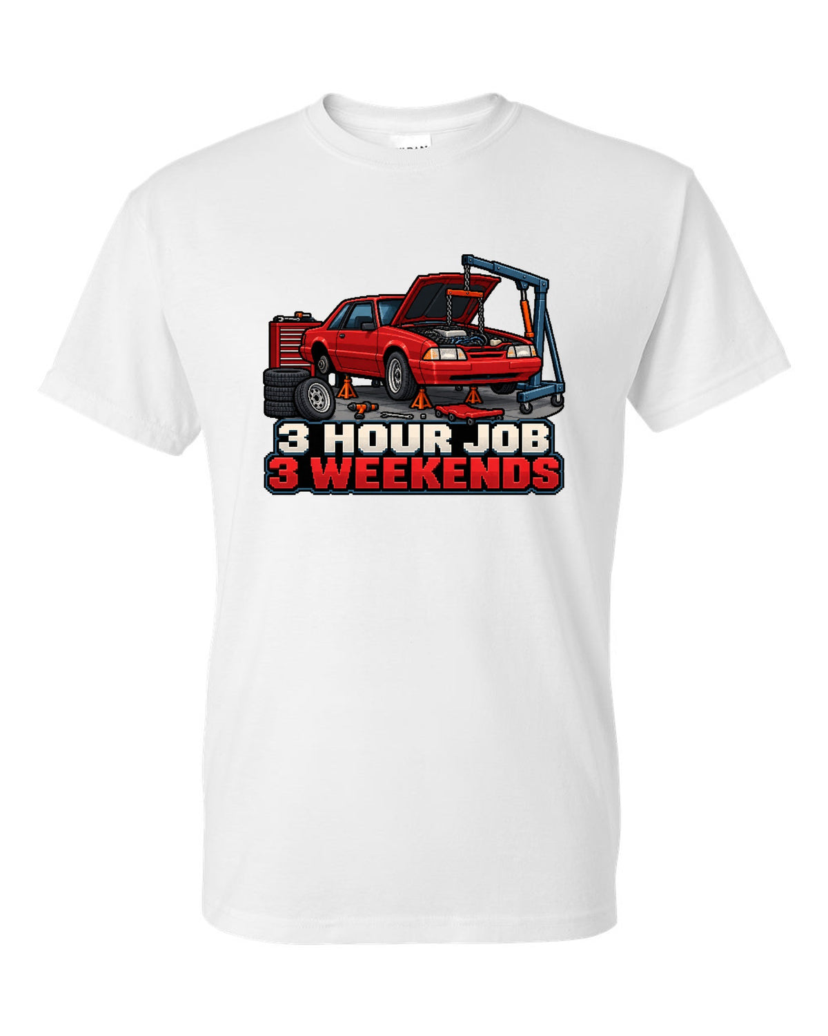 16-bit pixel art print of a 1989 Ford Mustang Fox Body notchback in a workshop white t-shirt front view with the design