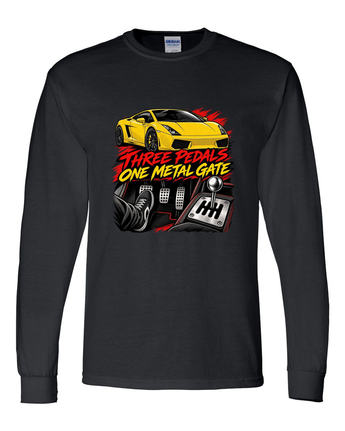 Retro black-ink manga panel of a Lamborghini Gallardo coupe with a gated six-speed manual shifter black long sleeve front view with the design