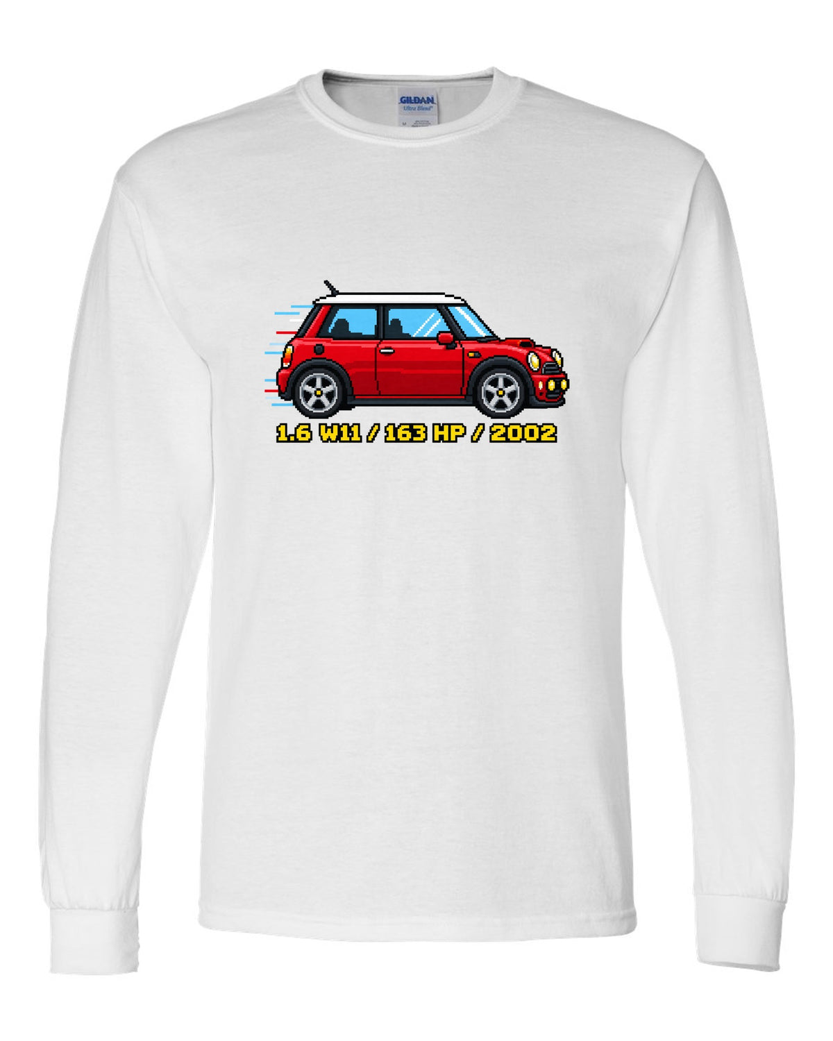 Sixteen-bit pixel art Mini Cooper S R53 with 1.6 W11, 163 HP, 2002 stats white long sleeve front view with the design