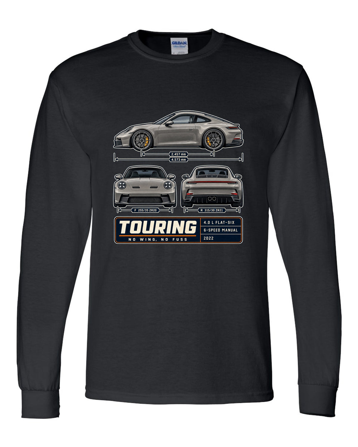 Porsche 992 GT3 Touring three-view spec table print design black long sleeve front view with the design