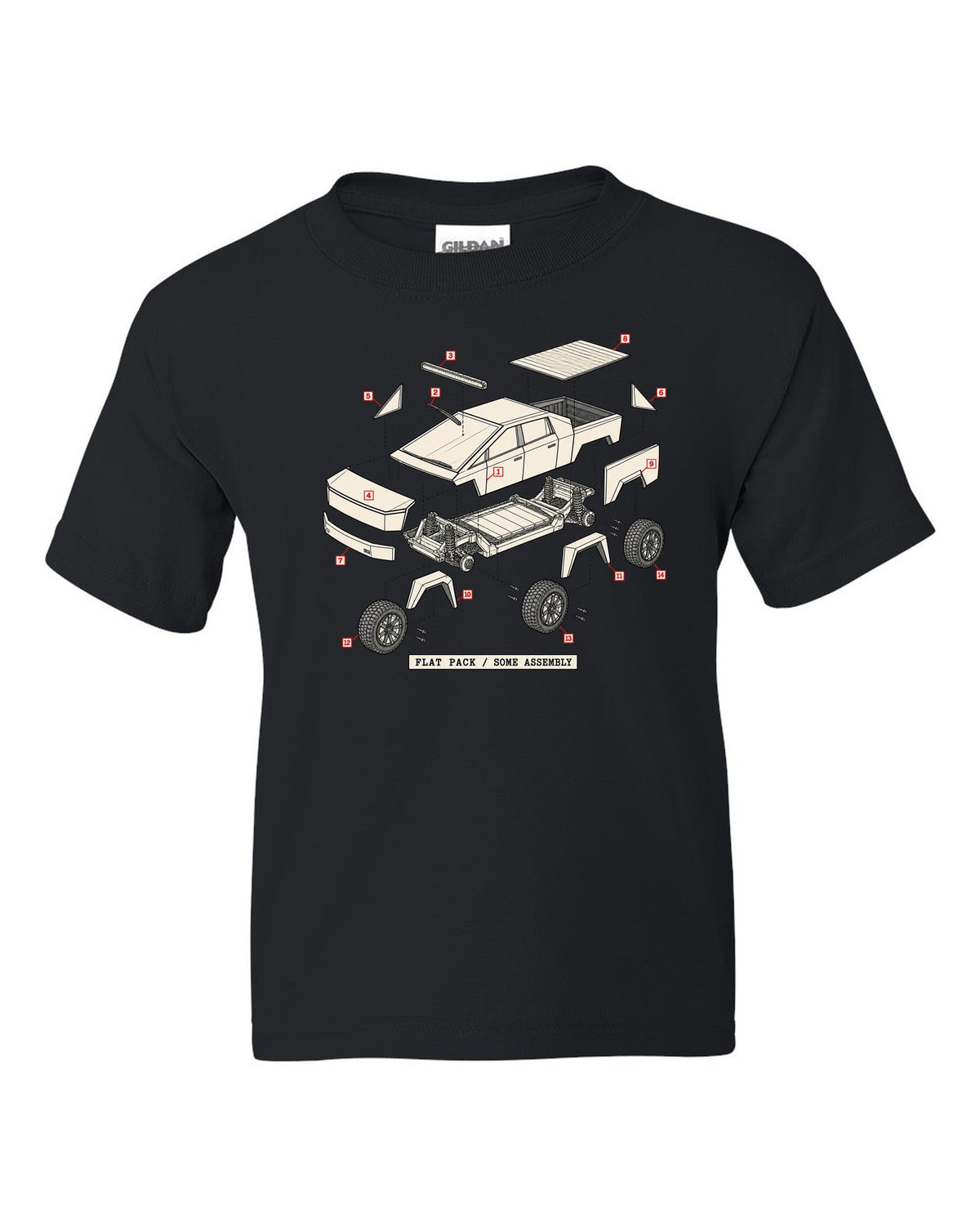 Isometric exploded-view patent drawing of a 2023 Tesla Cybertruck with the words Flat Pack Some Assembly black kids tee front view with the design