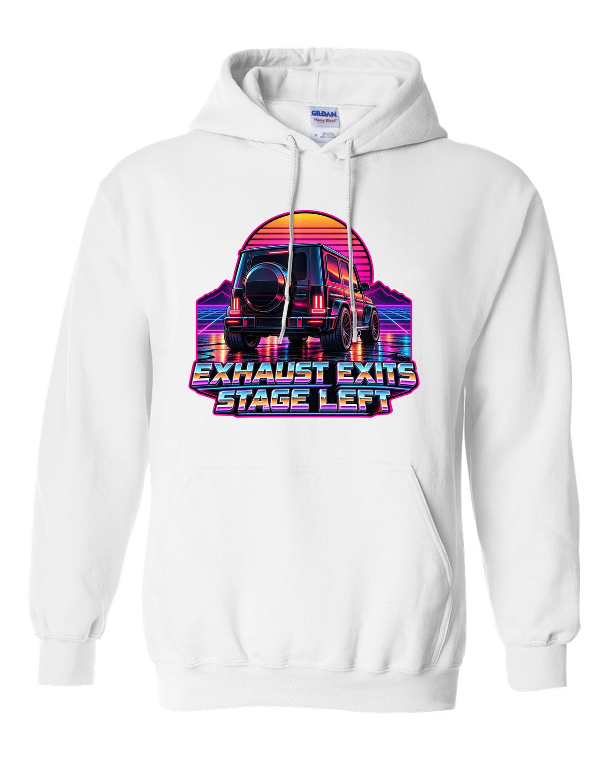 Cyanotype blueprint top view of a Mercedes G-Class W460 reading No ABS No Airbag 1979, print white pull over hoodie front view with the design