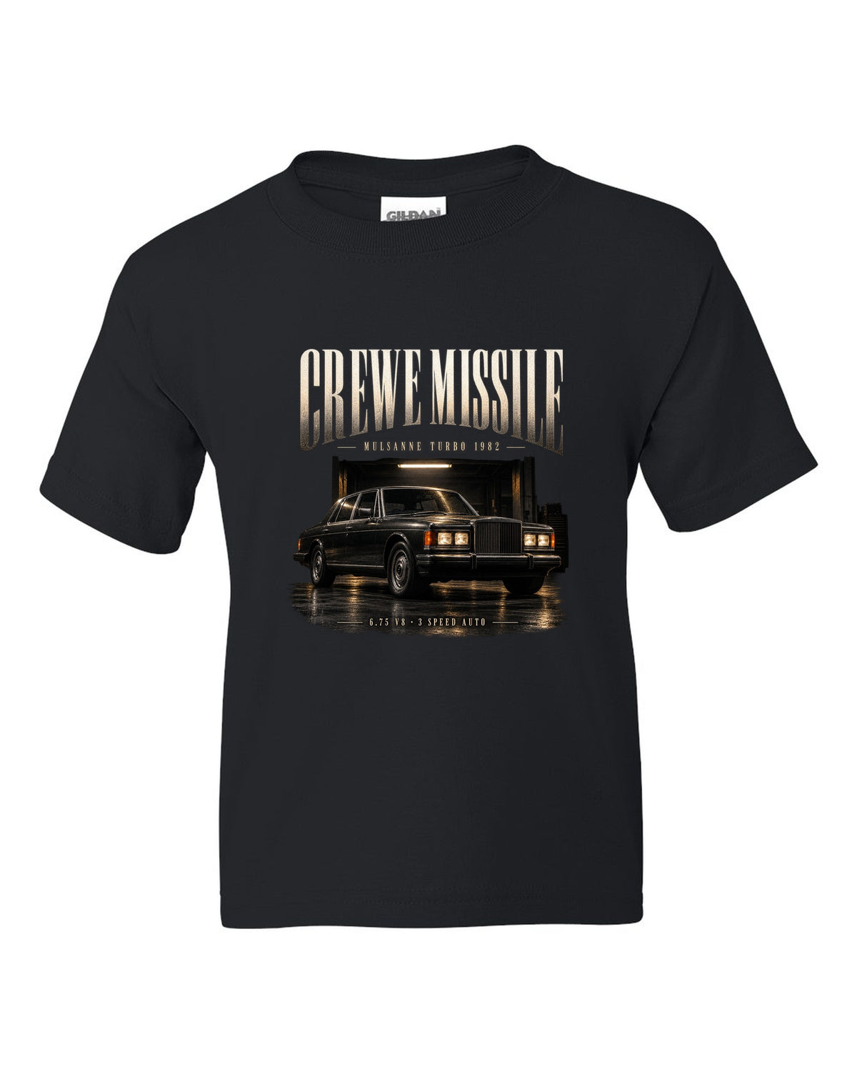Bentley Mulsanne Turbo 1982 in a garage at night black kids tee front view with the design
