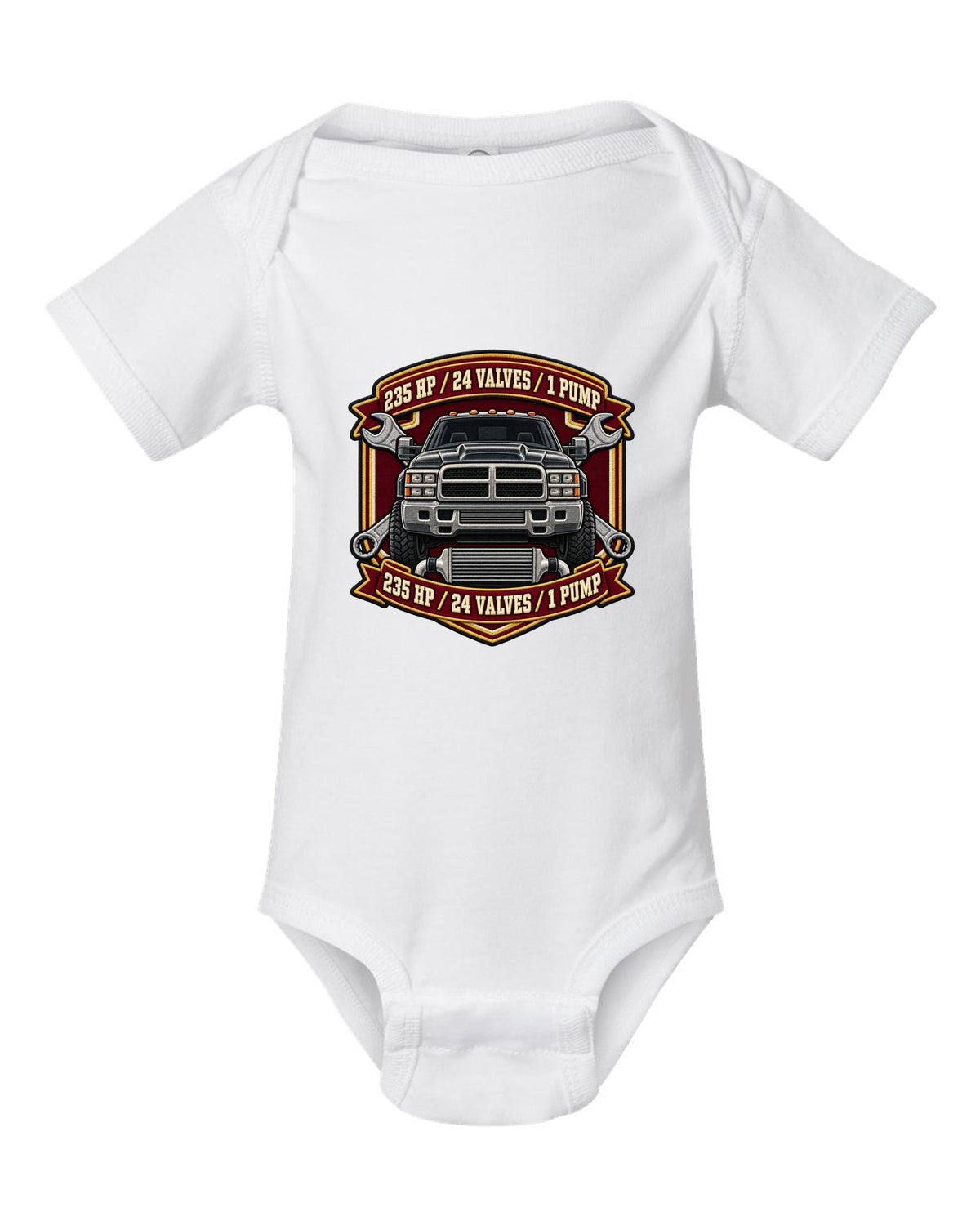 Varsity crest print for the 1998.5-2002 Dodge Ram 2500 24V Cummins with 235 HP, 24 valves, 1 pump white baby onesie front view with the design