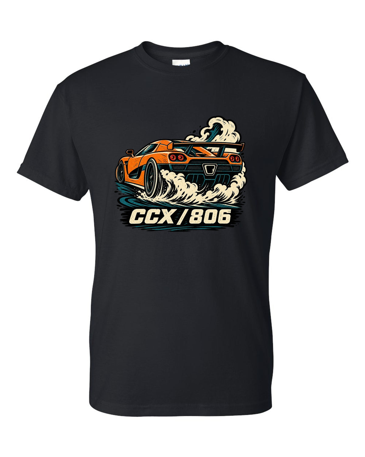Linocut style illustration of a Koenigsegg CCX doing a burnout with CCX 806 lettering black t-shirt front view with the design