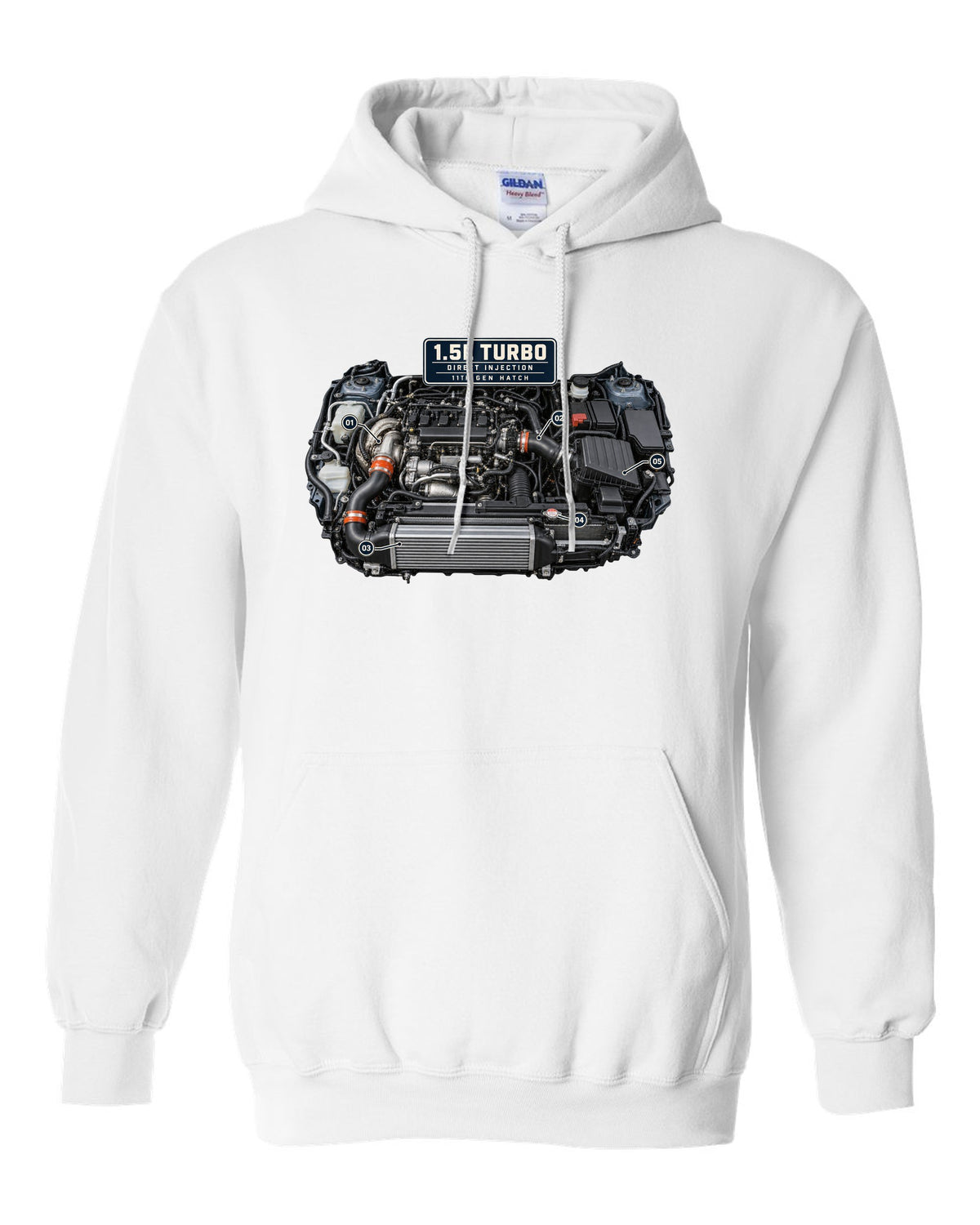 Honda Civic chback FL1 1.5L turbo engine bay print white pull over hoodie front view with the design