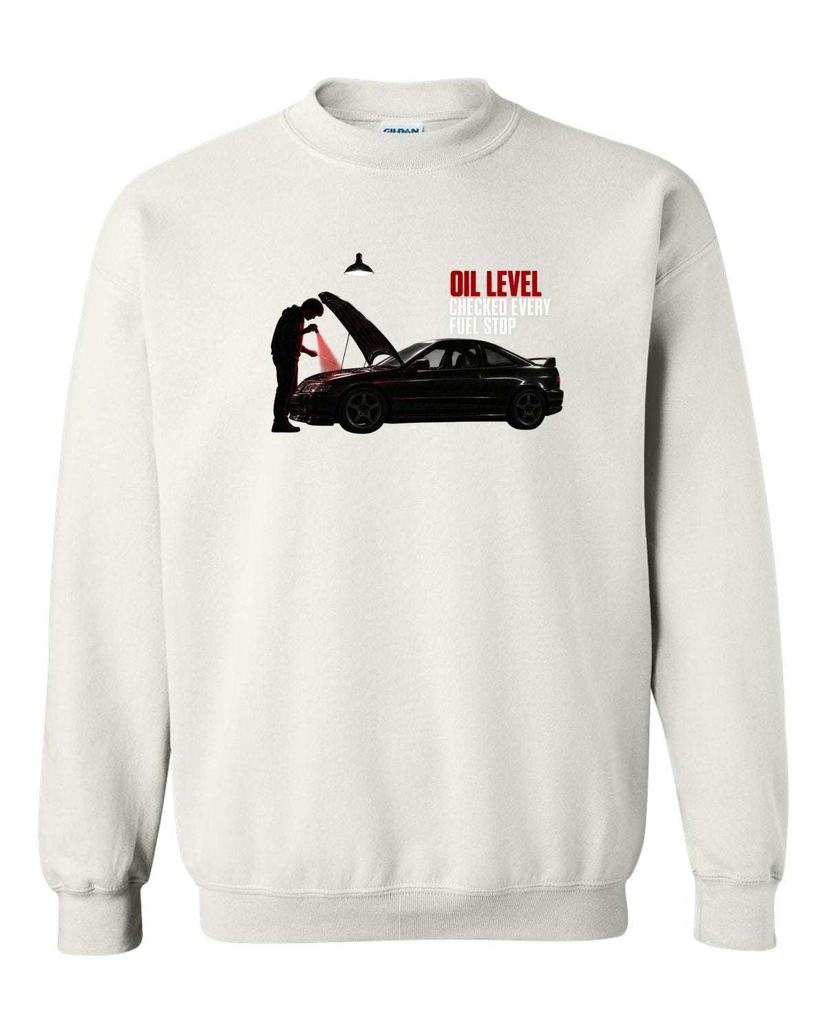 BMW E46 M3 coupe garage night print with oil level checked every fuel stop text white crewneck front view with the design