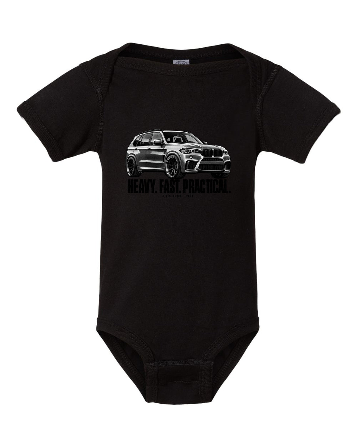 BMW X5 M E70 halftone print with heavy fast practical text and 4.4 bi-turbo black baby onesie front view with the design