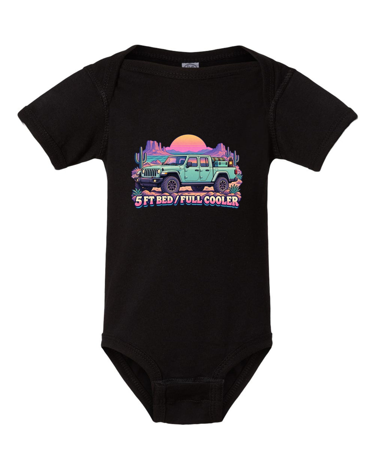 Vaporwave pastel print of a Jeep Gladiator JT in a desert camp with cooler text black baby onesie front view with the design