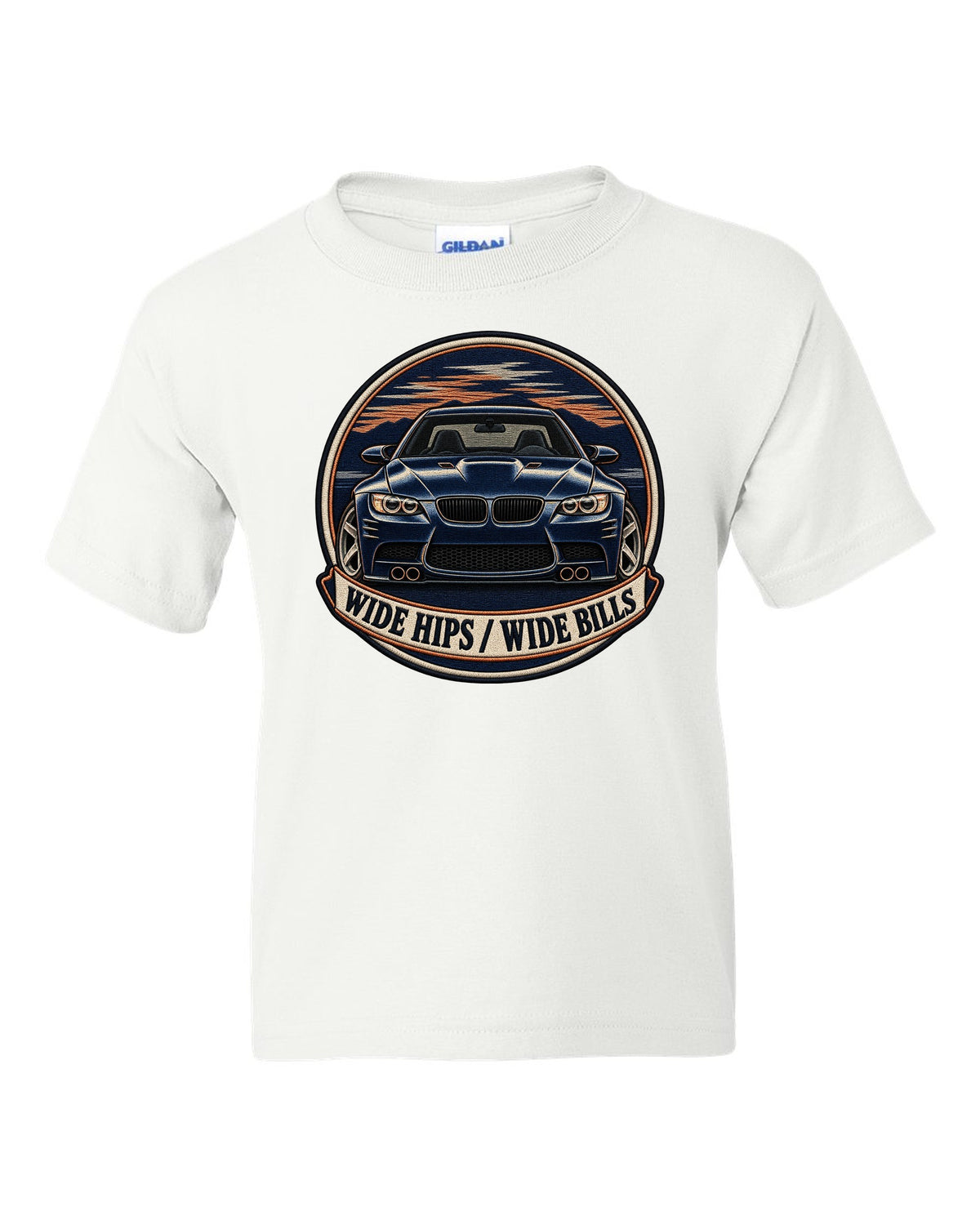 Varsity crest style print of a BMW E92 M3 coupe with wide hips wide bills text white kids tee front view with the design