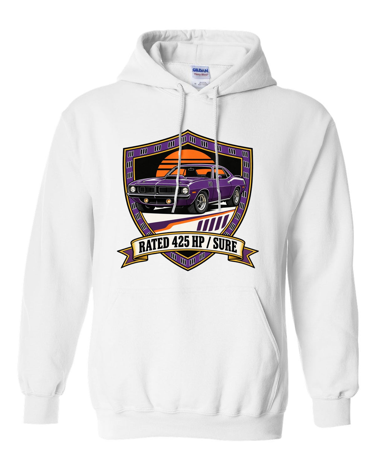 Original shield crest design for a 1970 Plymouth Hemi Cuda with rated 425 HP sure text white pull over hoodie front view with the design