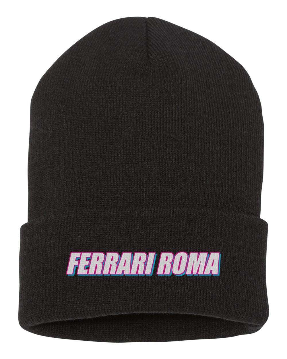 Ferrari Roma black beanie front view with car name