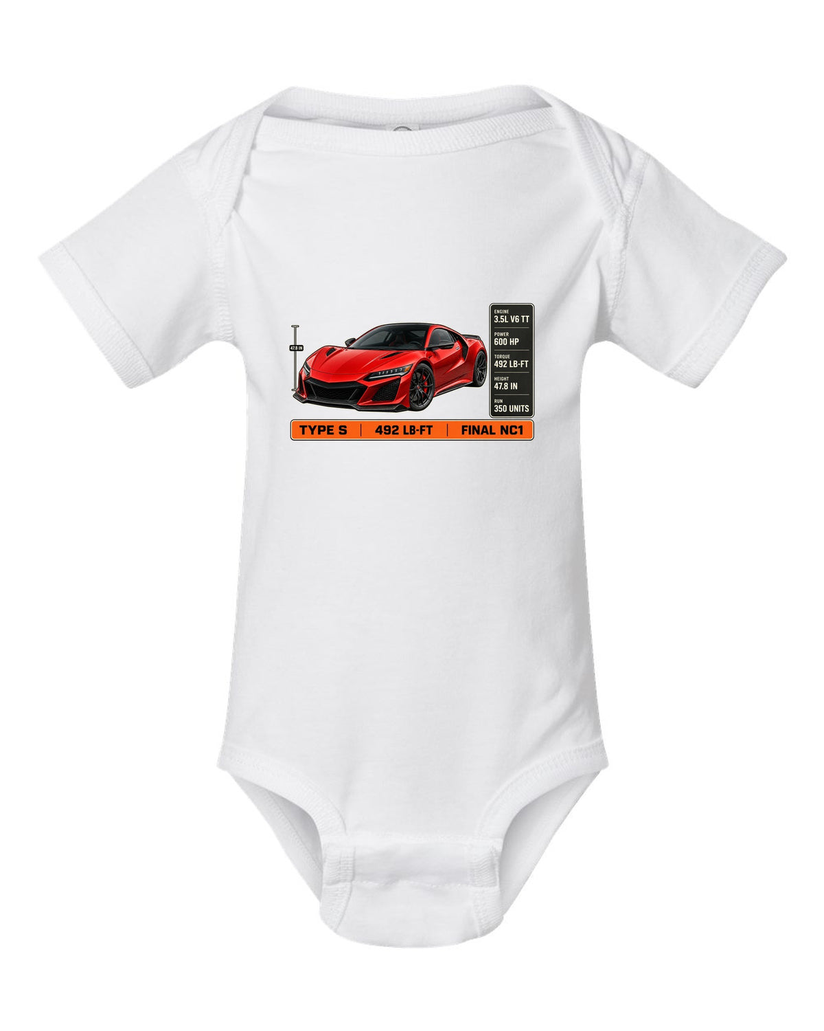Spec poster print of a Curva Red Acura NSX NC1 Type S three-quarter white baby onesie front view with the design