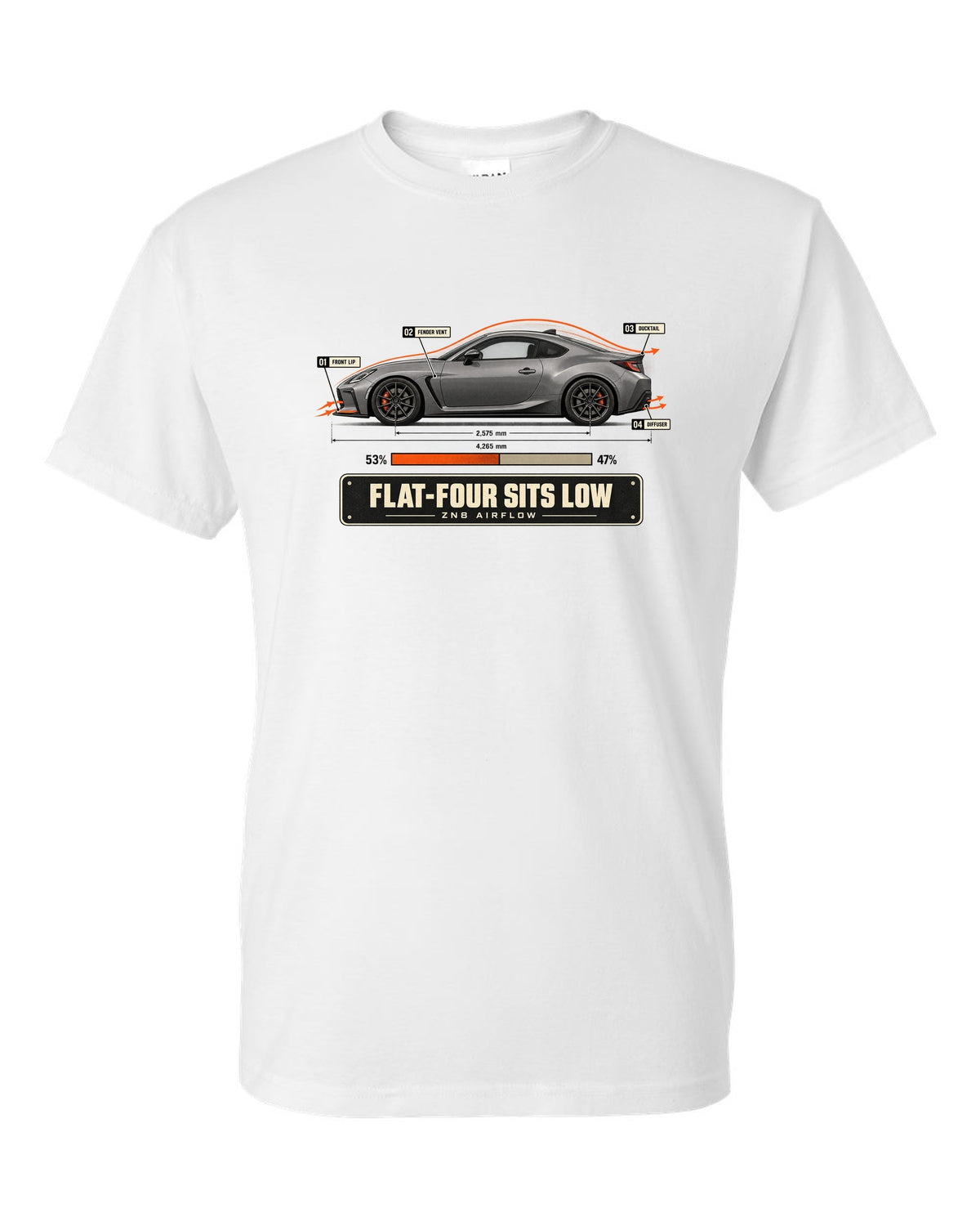 Cutaway-style airflow diagram of a Toyota GR86 ZN8 with callouts, poster-style print white t-shirt front view with the design