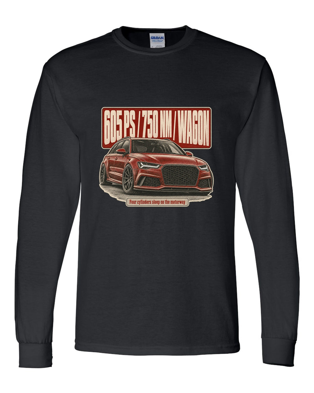 Audi RS6 Avant Performance C7 halftone statement print with 605 PS black long sleeve front view with the design