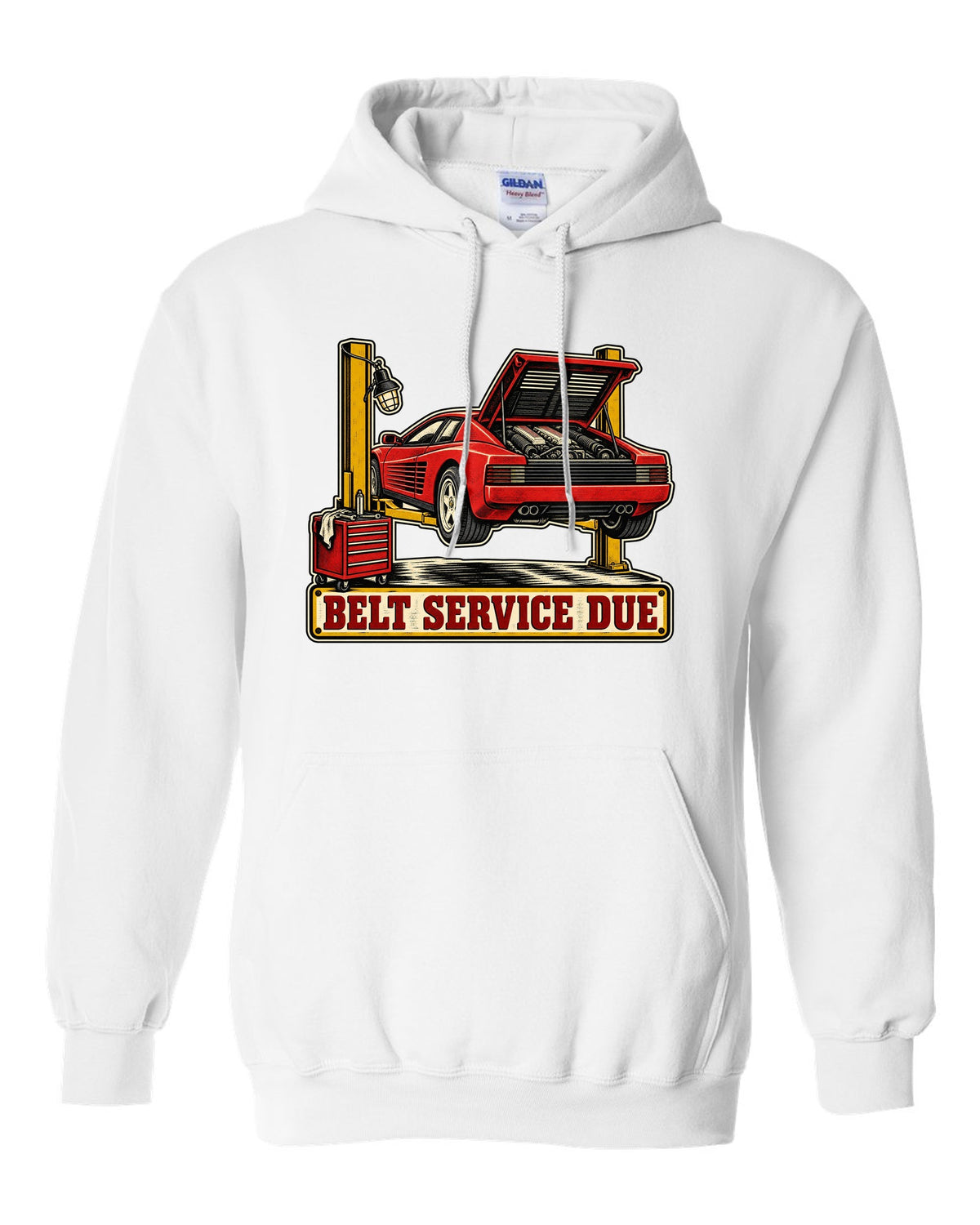Two-colour linocut of Ferrari Testarossa with belt service due text white pull over hoodie front view with the design