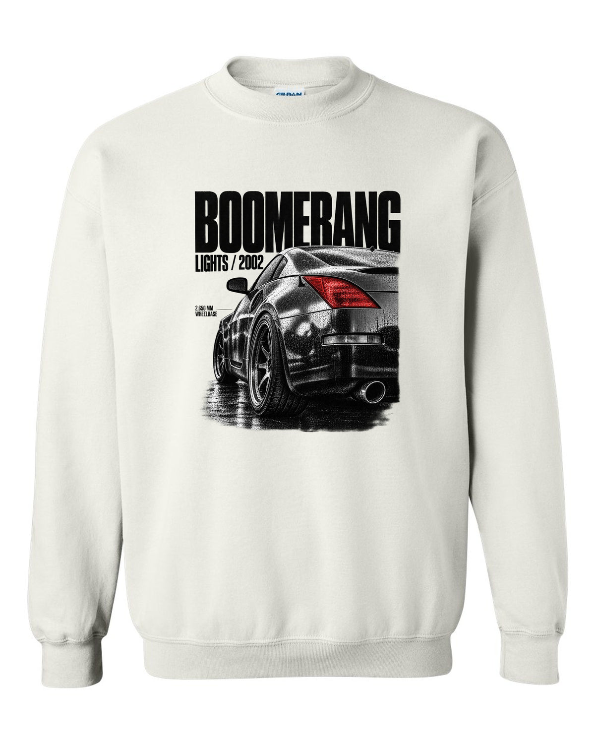 Macro print of Nissan 350Z Z33 boomerang taillights with 2,650 mm wheelbase text white crewneck front view with the design