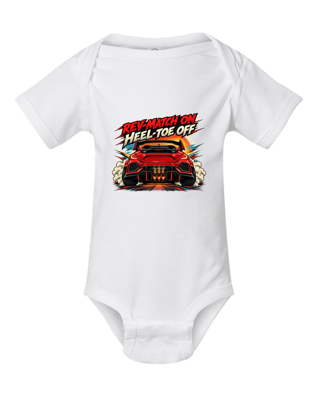 Halftone comic style Honda Civic Type R FK8 print with rev-match joke white baby onesie front view with the design