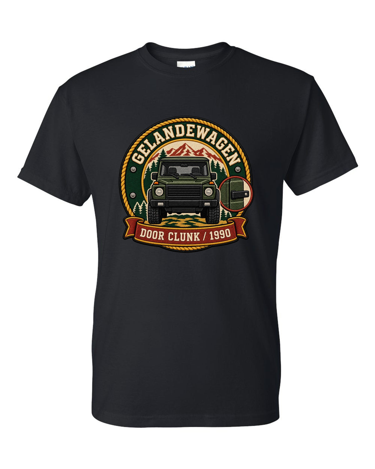 Embroidery-style shield crest graphic reading Door Clunk 1990 for a Mercedes G-Class W463, print black t-shirt front view with the design