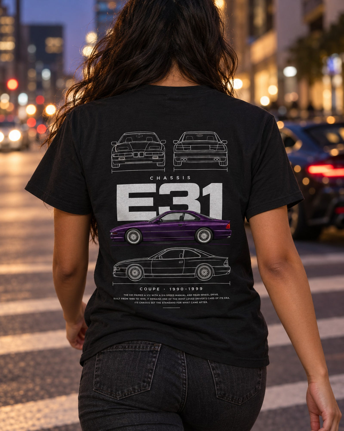BMW E31 850CSi coupe Blueprint Full-Back Graphic Tee, E31 Chassis Code T-Shirt Black worn hero