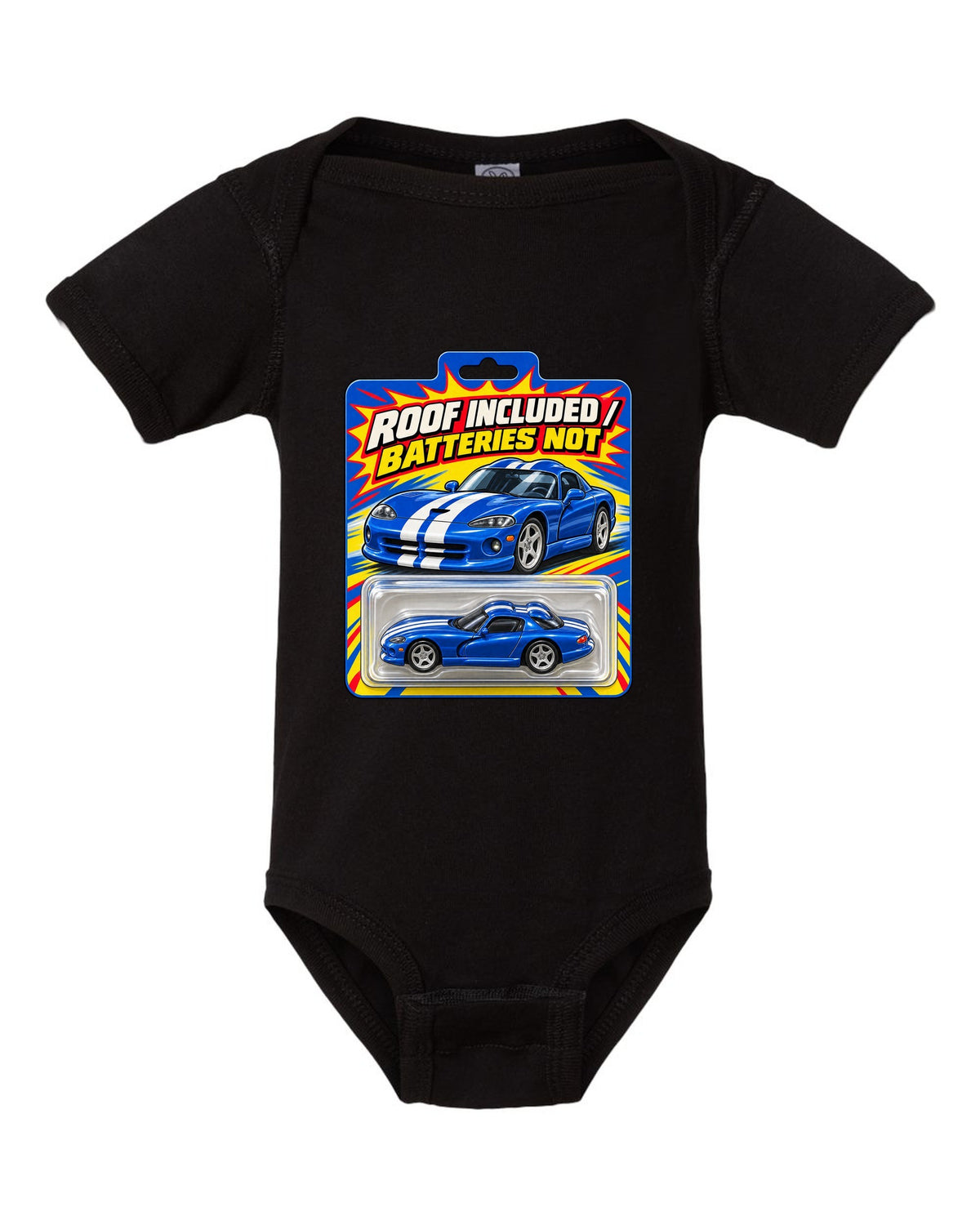 Toy blister-card layout featuring a 1996 Dodge Viper GTS SR II with roof included joke text black baby onesie front view with the design