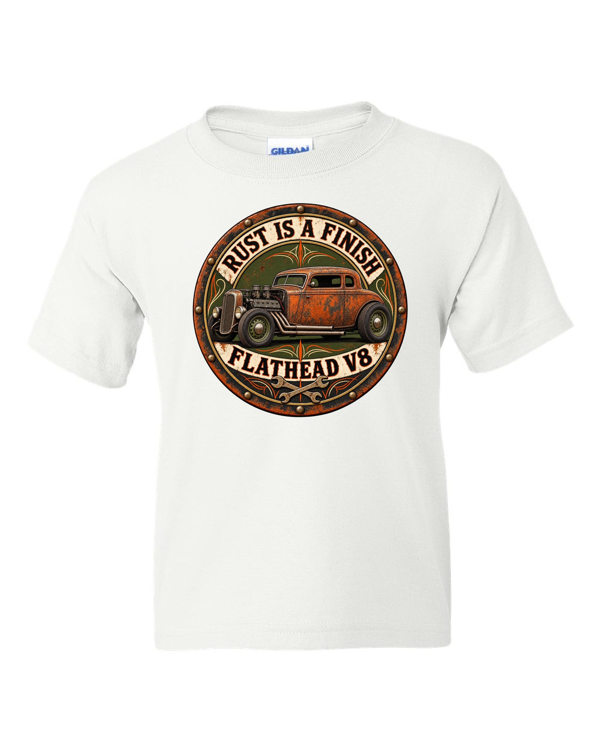 Round badge crest print for a rat rod hot rod with Rust Is A Finish and Flathead V8 lettering white kids tee front view with the design
