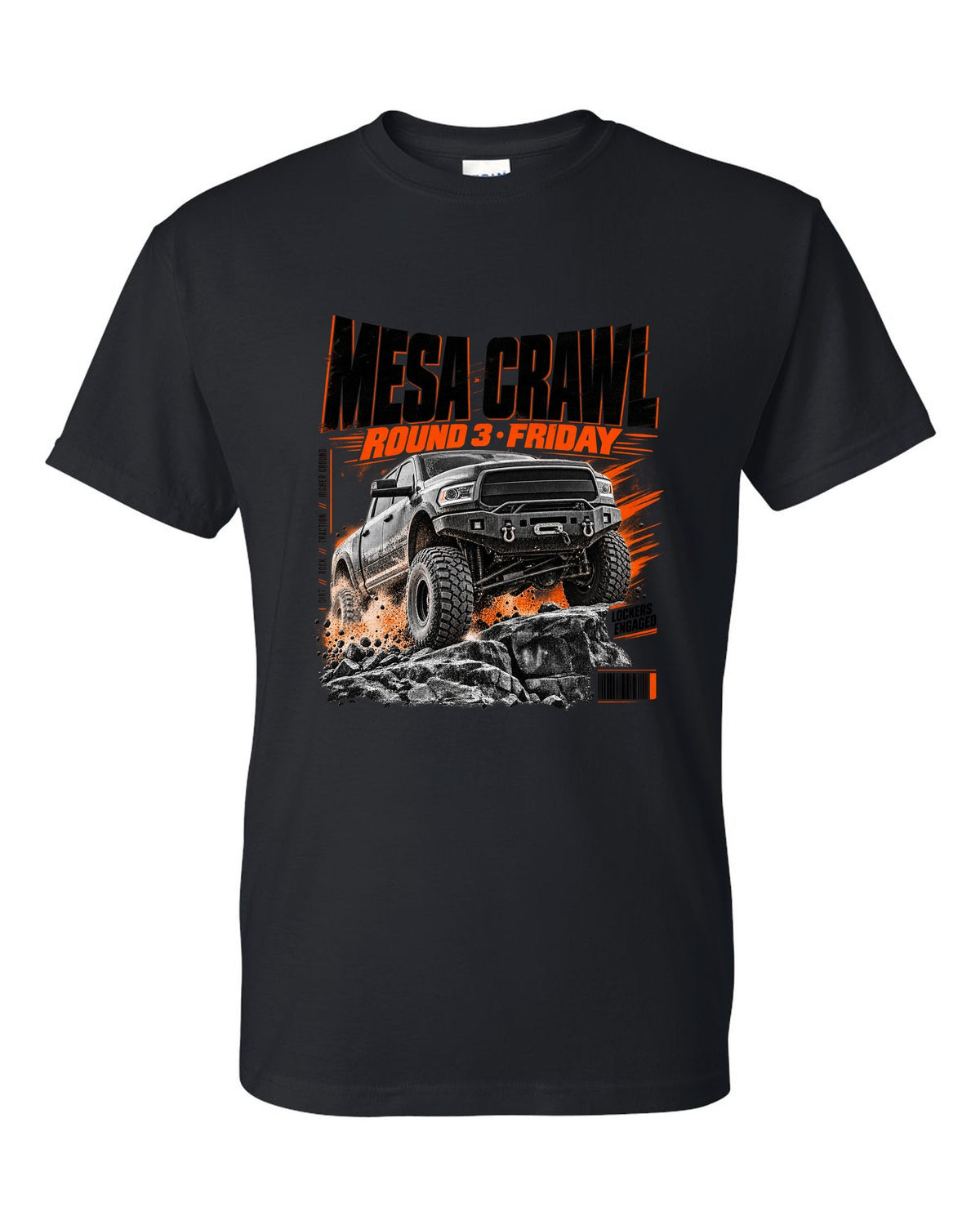 Race poster print of a Ram 2500 Power Wagon at a Mesa Crawl event black t-shirt front view with the design
