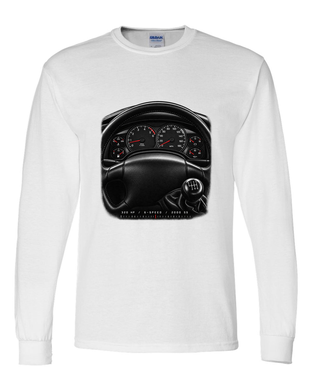 Gauge cluster print of a 2000 fourth-gen Chevrolet Camaro SS with 320 hp and 6-speed text white long sleeve front view with the design