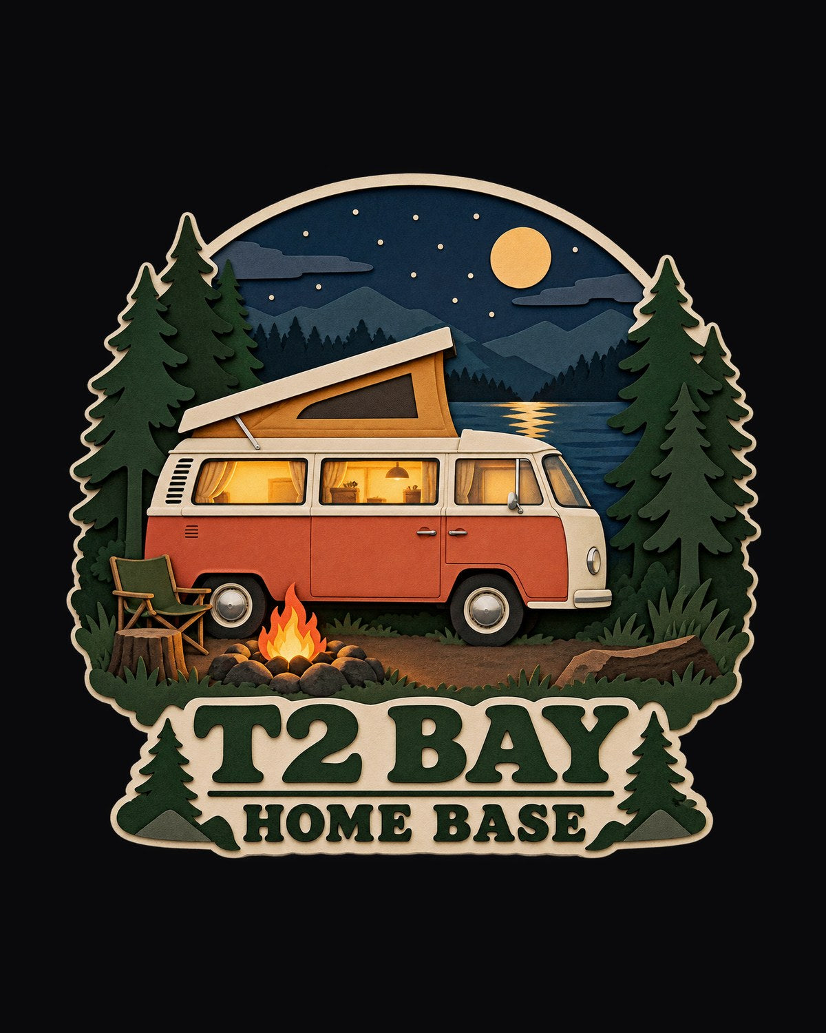 VW Bus T2 Bay-Window Home Base Night Camp Paper-Cutout Shirt design only