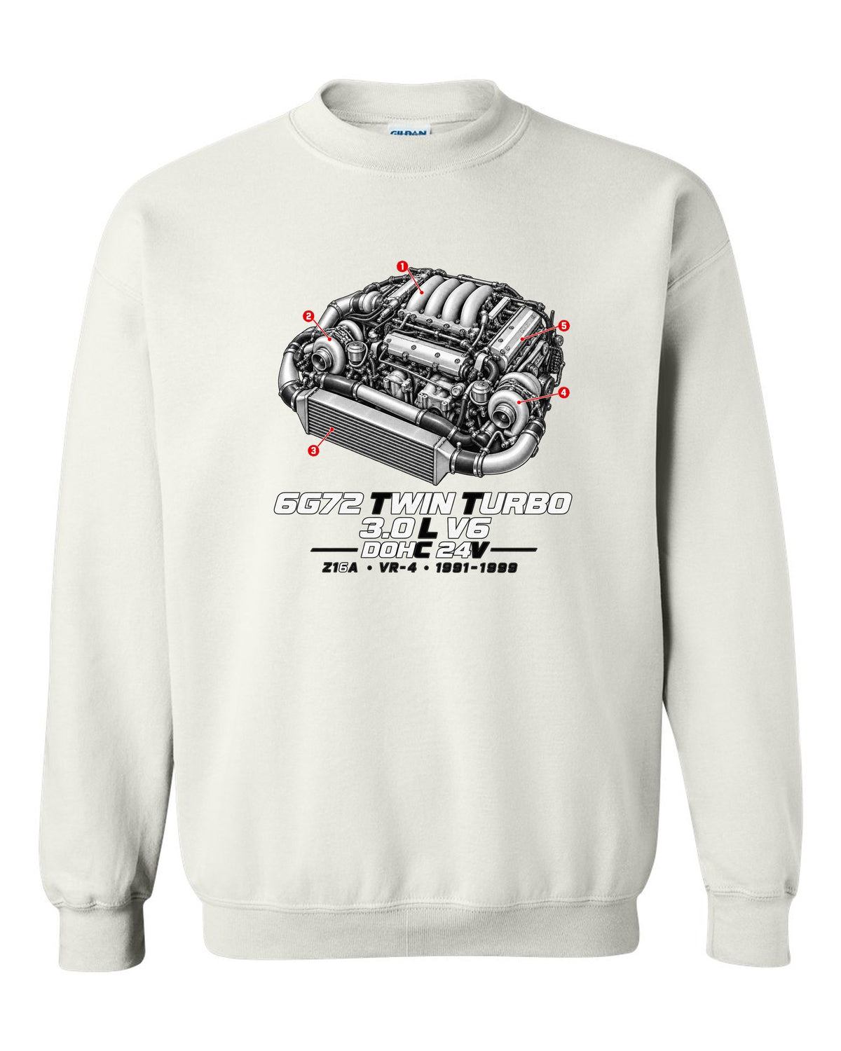Mitsubishi 3000GT VR-4 Z16A engine bay with 6G72 twin turbo V6 specs white crewneck front view with the design