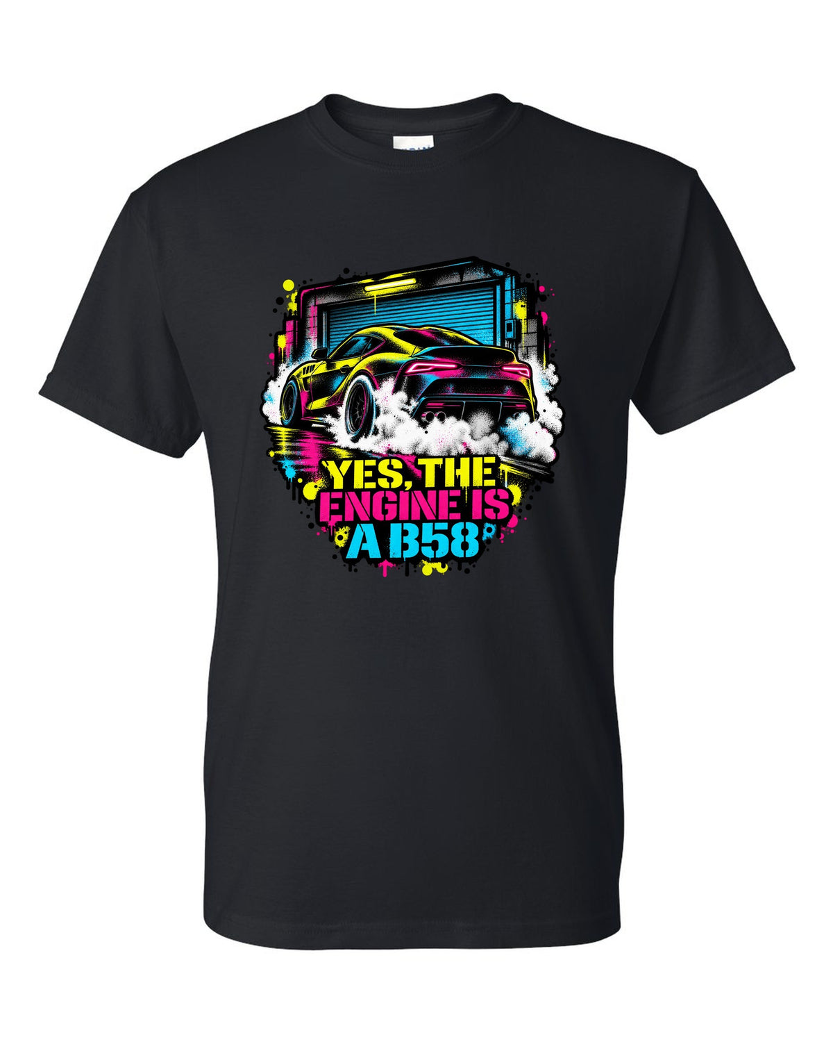 Stencil spray street art of a Toyota GR Supra A90 burnout on a garage door black t-shirt front view with the design