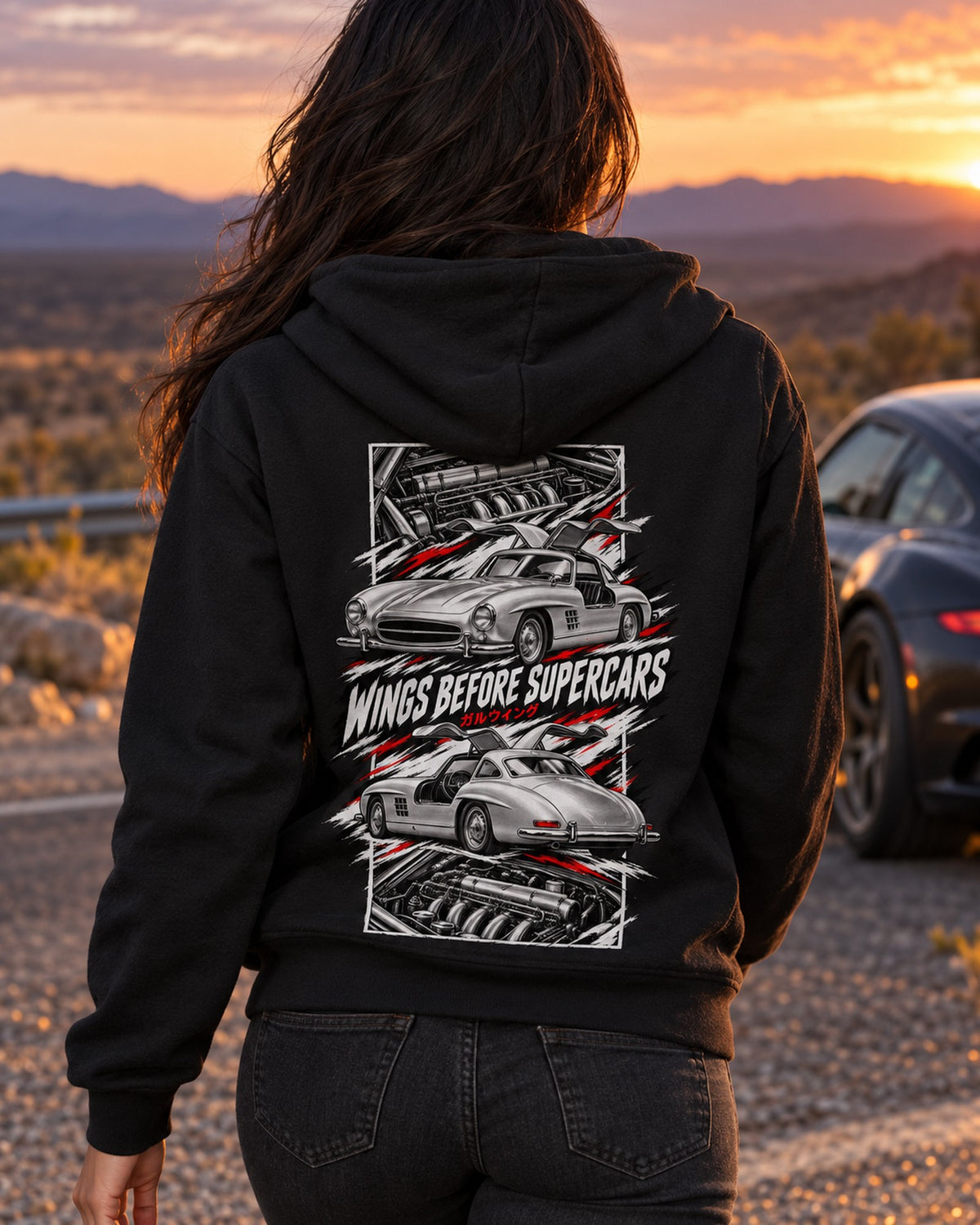 Mercedes 300 Sl Torn Poster Full-Back Graphic Tee Zip Hoodie Black worn hero