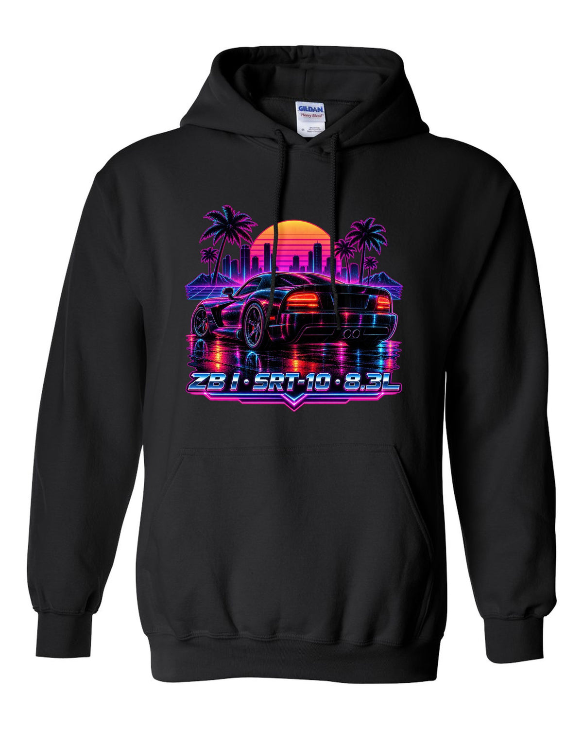 Synthwave neon rain street print of a 2005 Dodge Viper SRT-10 ZB I tail black pull over hoodie front view with the design