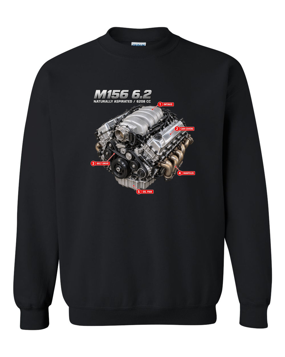 print of the Mercedes W204 C63 M156 6.2 V8 engine with text naturally aspirated 6208 cc black crewneck front view with the design