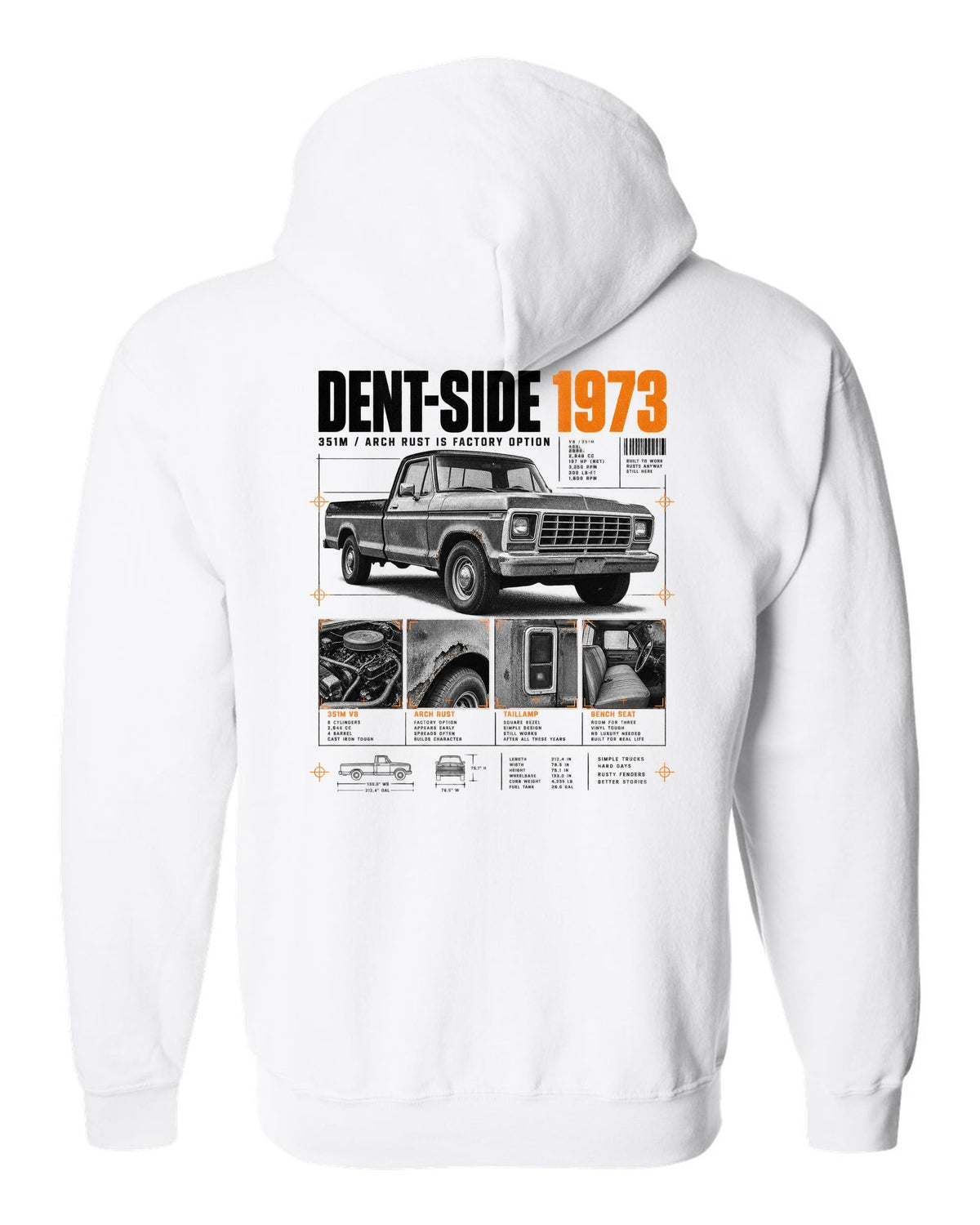 Ford F-150 Dent-Side 1973 351M Rust Dossier Panel white zip hoodie back view with the design