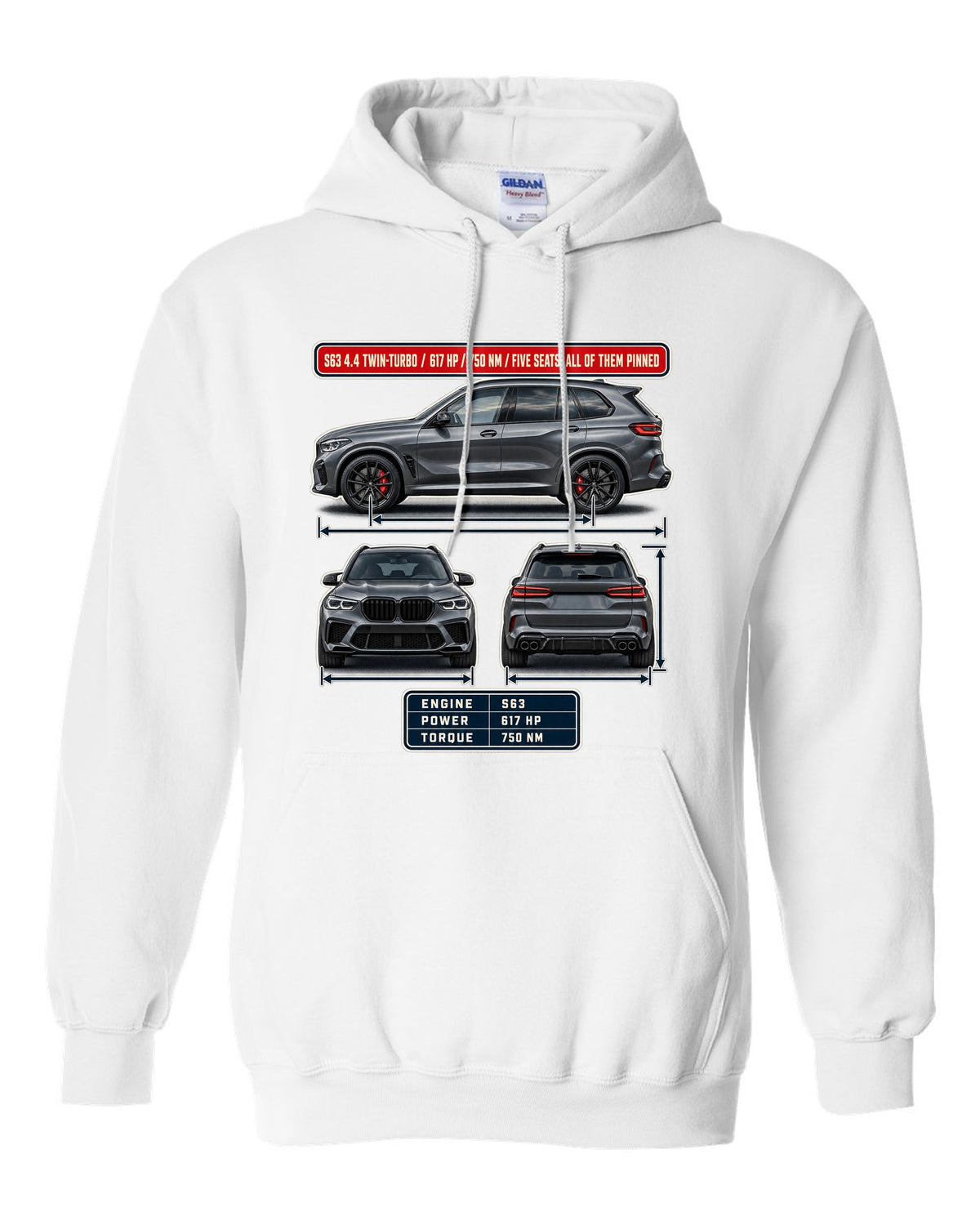 BMW X5 M Competition F95 three-view spec table print on a tee white pull over hoodie front view with the design