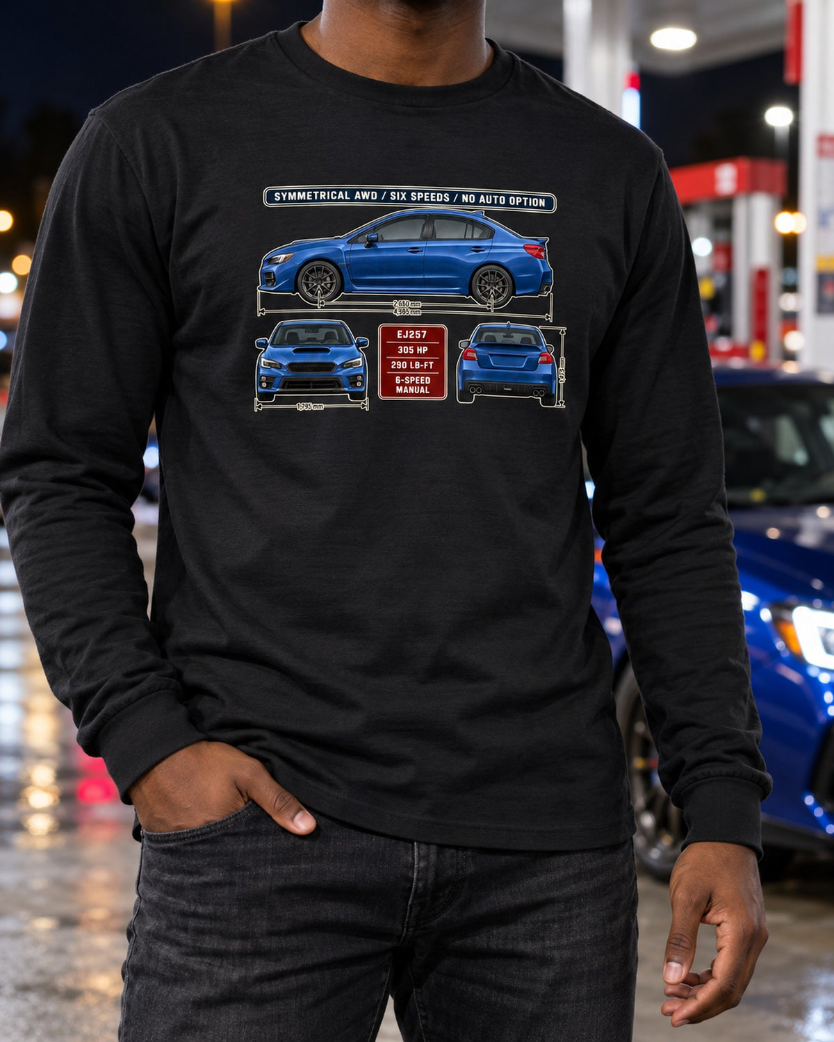 Subaru WRX STI VA Three-View Spec Table Tee, Manual Only Long Sleeve Black worn hero