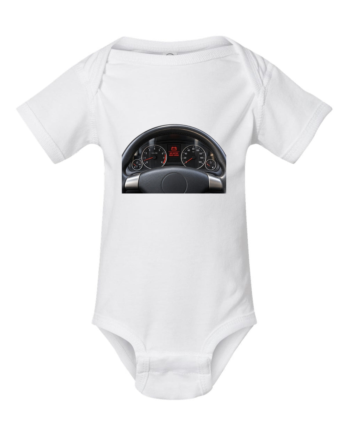BMW E92 M3 cockpit gauge print with new battery needs coding text white baby onesie front view with the design