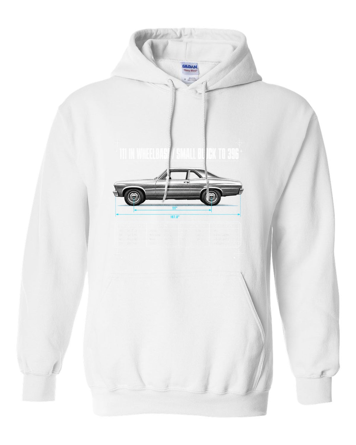 1968 Nova X-Body Spec Poster white pull over hoodie front view with the design
