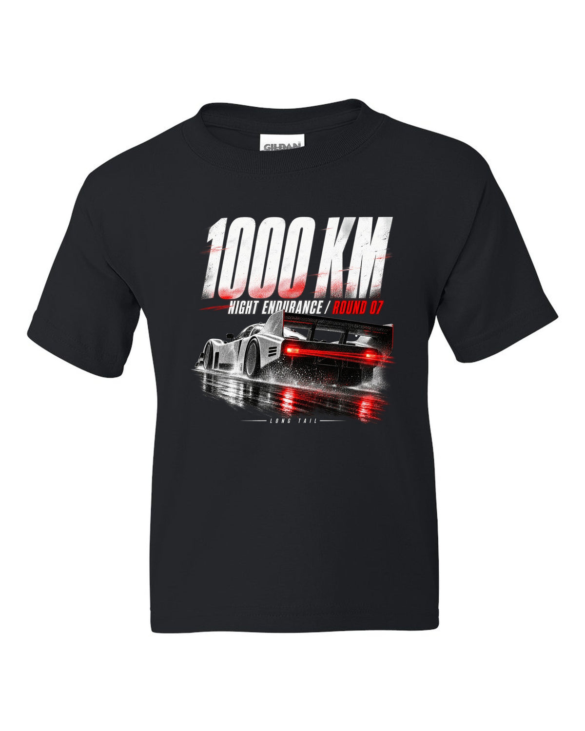 Porsche 962 Group C night endurance race poster print black kids tee front view with the design