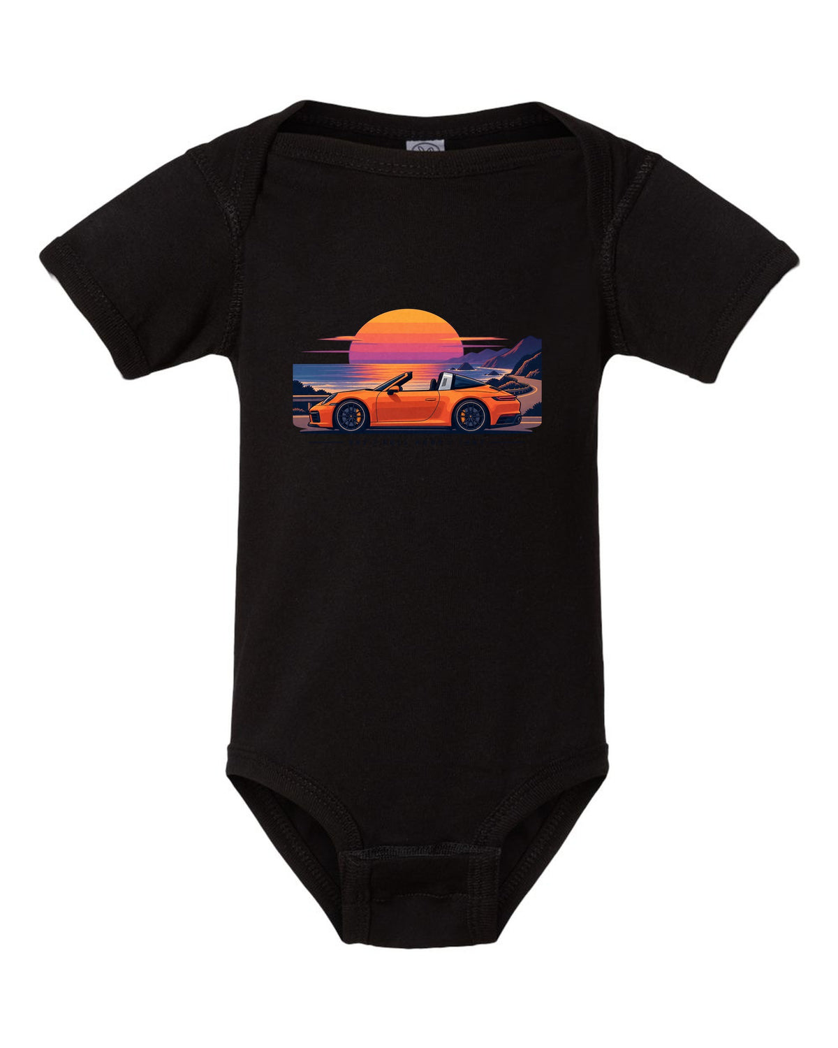 Porsche 997 GT3 RS exploded view diagram design in orange with Mezger lettering black baby onesie front view with the design