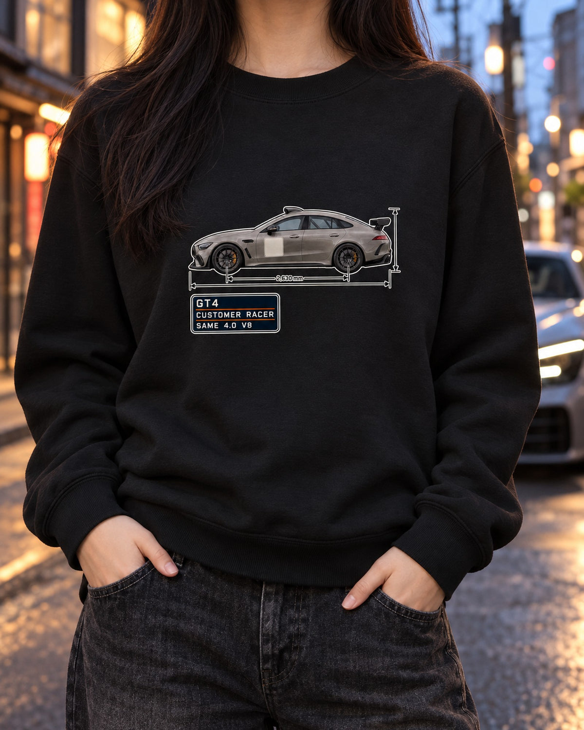 Mercedes-AMG GT4 Spec Poster Shirt, Customer Racer Car Tee Crewneck Black worn hero