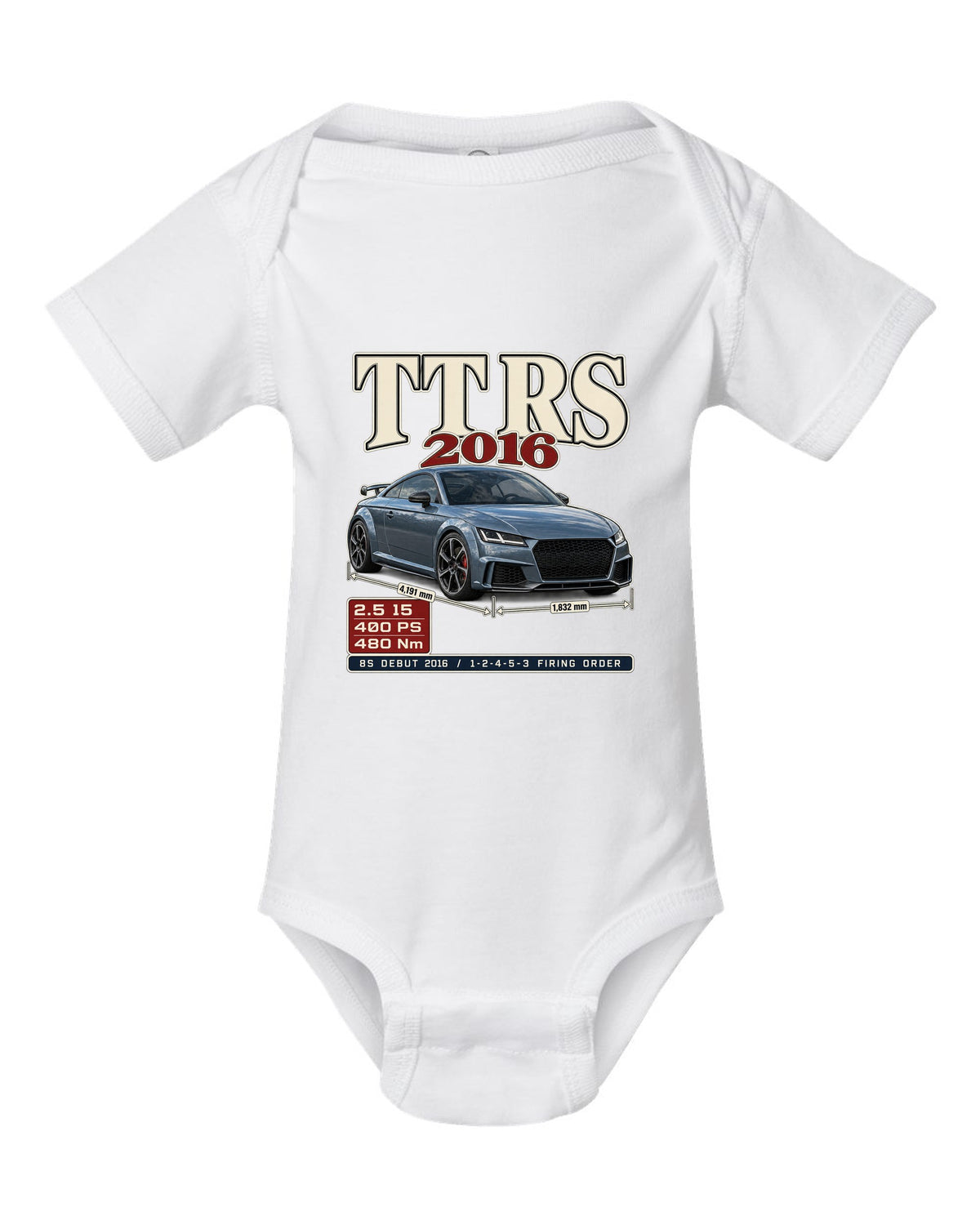 Audi TT RS 8S 2016 archive panel print with firing order white baby onesie front view with the design