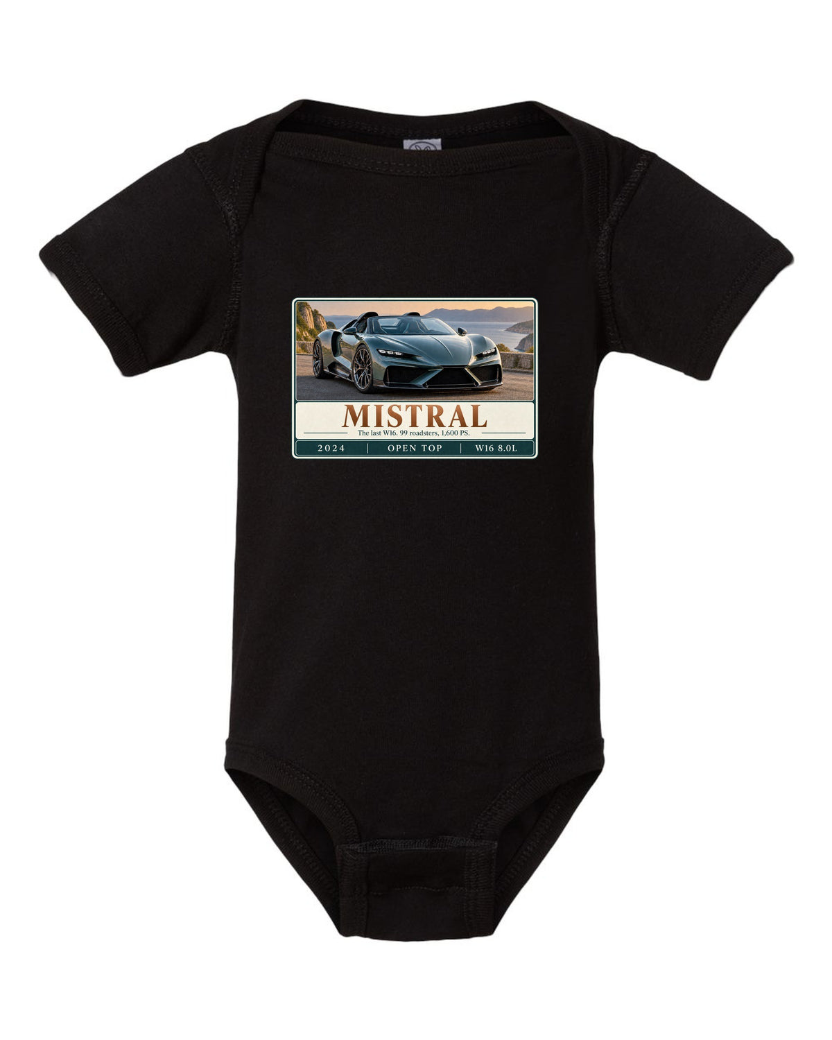 Bugatti Mistral roadster editorial headline print about the last W16 black baby onesie front view with the design