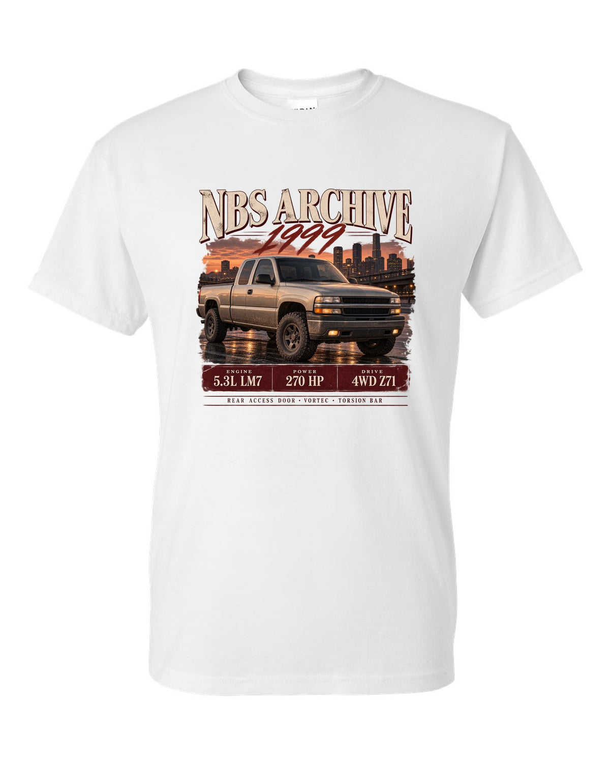 1999 Chevy Silverado NBS archive panel print white t-shirt front view with the design