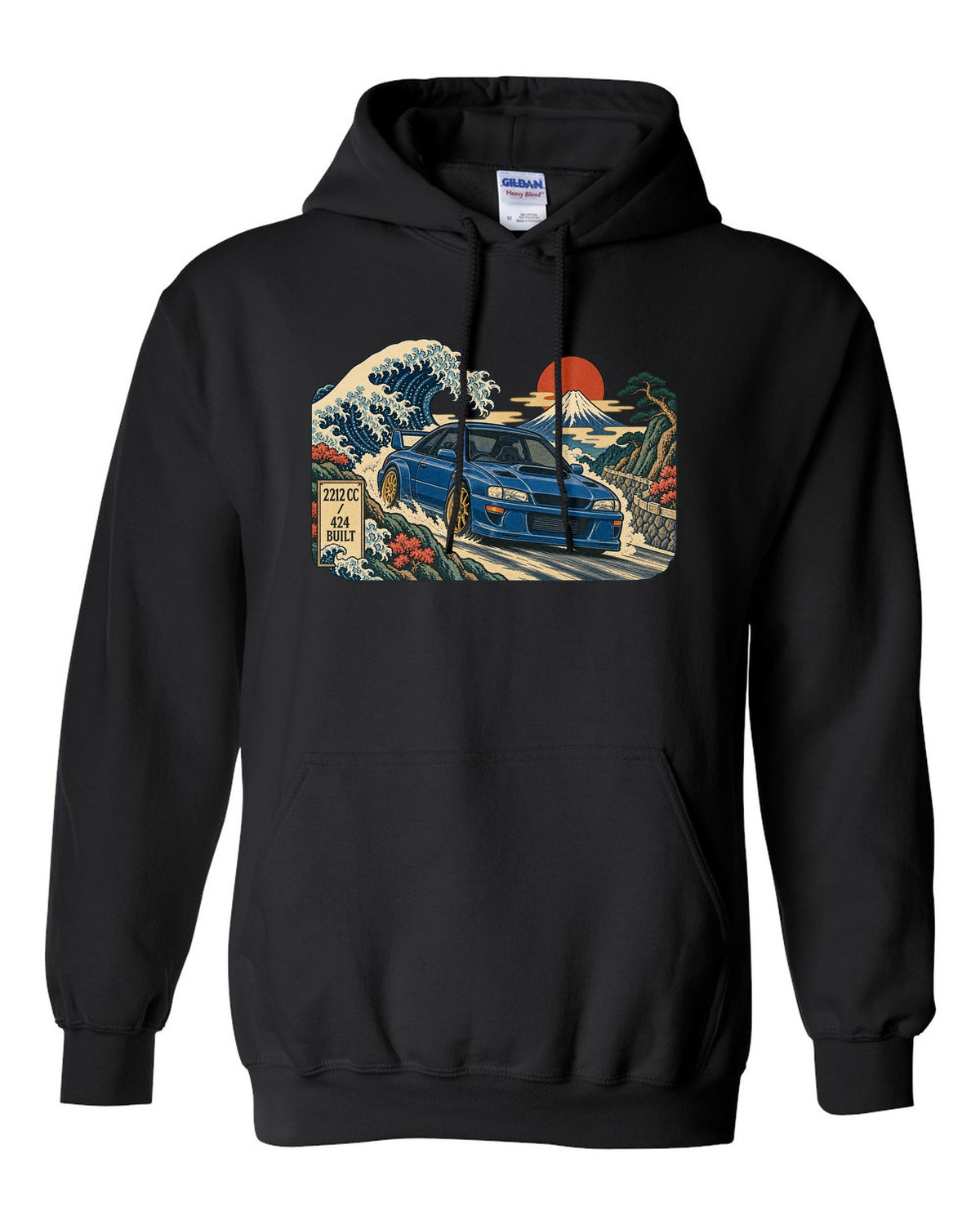 Ukiyo-e woodblock style Subaru Impreza 22B STI in front of a wave black pull over hoodie front view with the design
