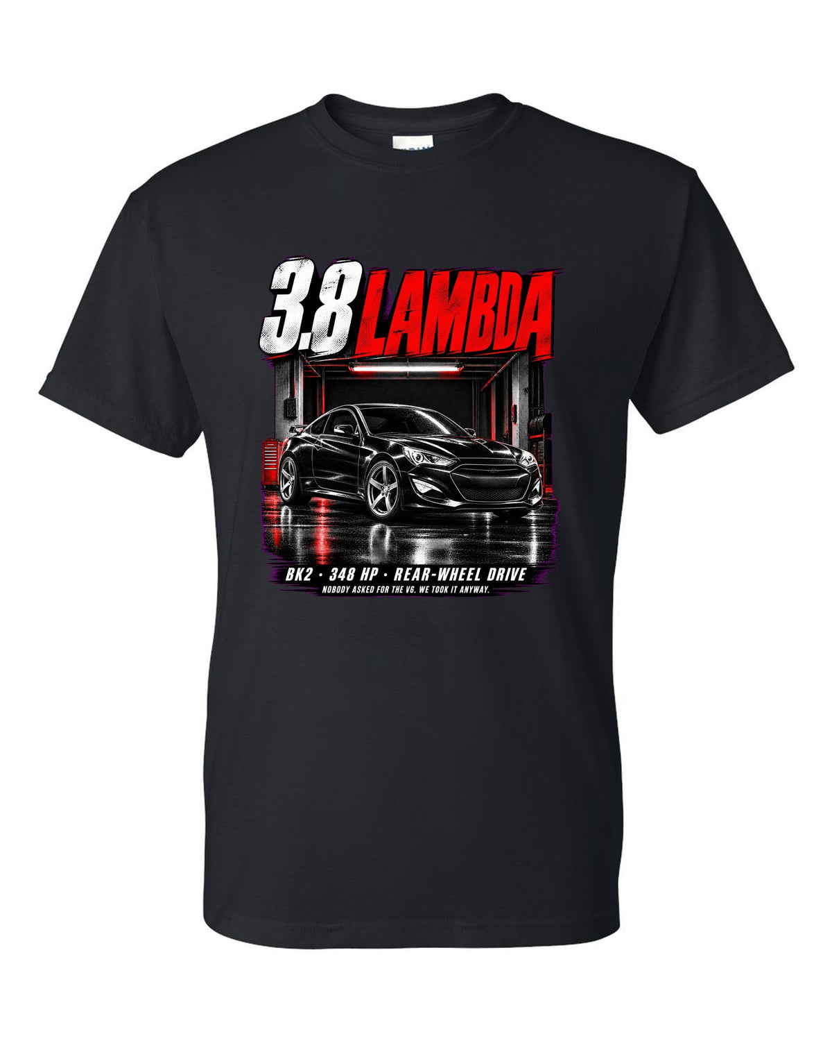 Hyundai Genesis Coupe BK2 3.8 Track in a garage at night with spec text black t-shirt front view with the design